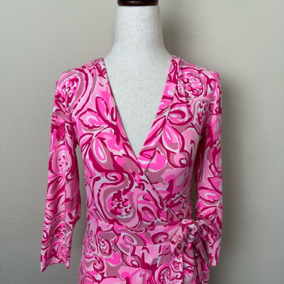 Lilly Pulitzer Karlie Wrap Romper in Pink Pout‎ Mango Salsa - Picture 5 of 13